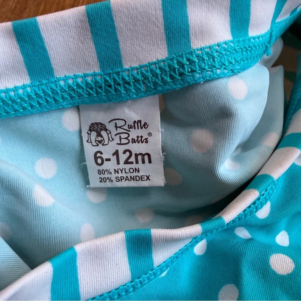 Ruffle Butts Aqua Polka Dot and Stripe Swim Suit Rashguard Set 6-12M